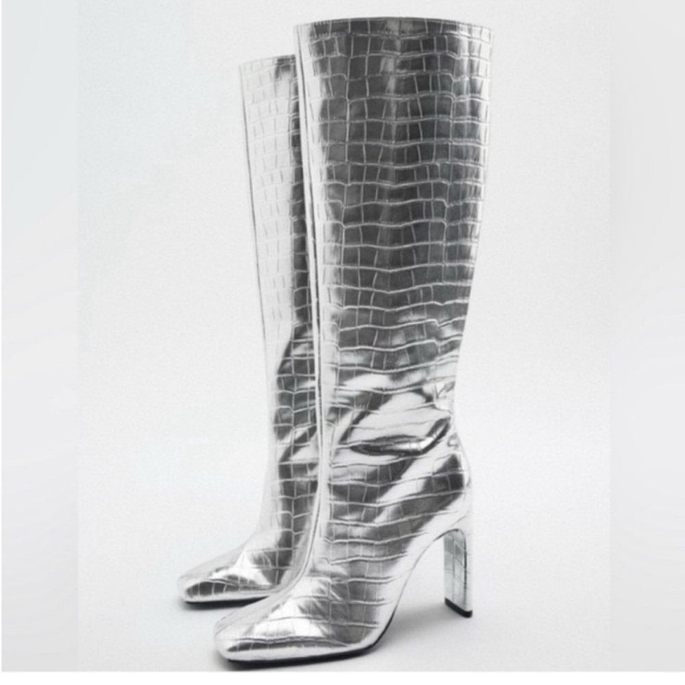 Zara •Womens Crocodile Metallic Silver Knee-High Women's Block Heel Boots 8 NWT - Picture 3 of 6